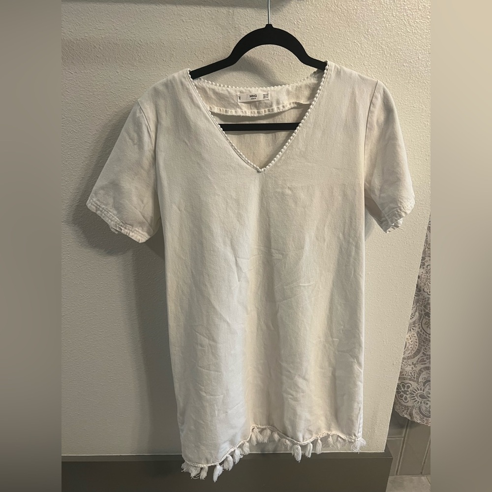 Mango White Cotton Dress with Tassles Medium